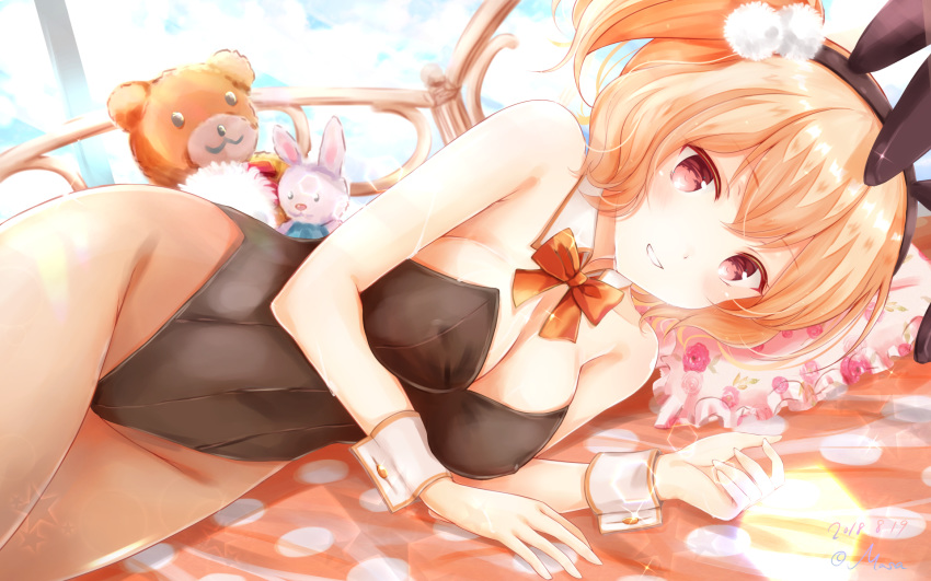 animal_ears bed black_leotard bow bowtie breasts brown_eyes brown_pantyhose cleavage commentary_request cowboy_shot detached_collar fake_animal_ears female girlfriend_(kari) highres leotard looking_at_viewer lying masa_(mirage77) on_side orange_bow orange_bowtie orange_hair pantyhose parted_lips playboy_bunny rabbit_ears rabbit_tail short_hair side_ponytail smile solo strapless strapless_leotard stuffed_animal stuffed_rabbit stuffed_toy tail teddy_bear tomura_michiru wrist_cuffs