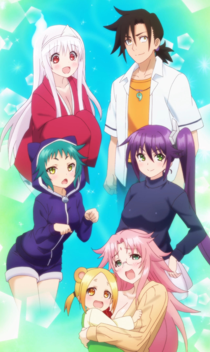 1boy 5girls albino ameno_sagiri_(yuragisou_no_yuuna-san) anime_screenshot arahabaki_nonko blonde_hair fushiguro_yaya fuyuzora_kogarashi glasses green_eyes green_hair highres long_hair multiple_girls pink_hair ponytail purple_hair red_eyes shigaraki_koyuzu short_hair short_twintails stitched third-party_edit triangular_headpiece twintails white_hair yellow_eyes yunohana_yuuna yuragisou_no_yuuna-san