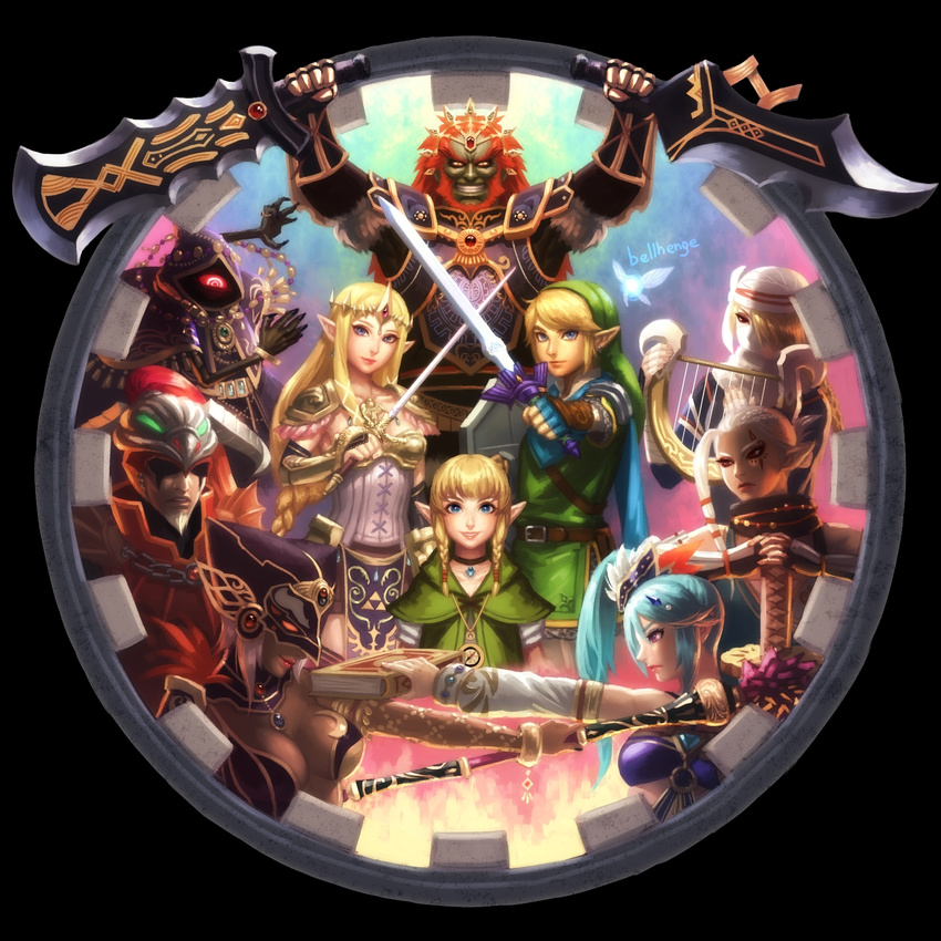 4boys beard bellhenge blonde_hair blue_eyes cia_(hyrule_warriors) commentary dark_skin english_commentary facial_hair ganondorf gerudo highres holding holding_sword holding_weapon hyrule_warriors impa lana_(hyrule_warriors) left-handed link linkle long_hair md5_mismatch multiple_boys multiple_girls navi paint.net_(medium) pointy_ears princess_zelda red_eyes red_hair resolution_mismatch scarf sheik short_hair source_smaller sword the_legend_of_zelda the_legend_of_zelda:_ocarina_of_time volga_(hyrule_warriors) weapon white_hair wizzro