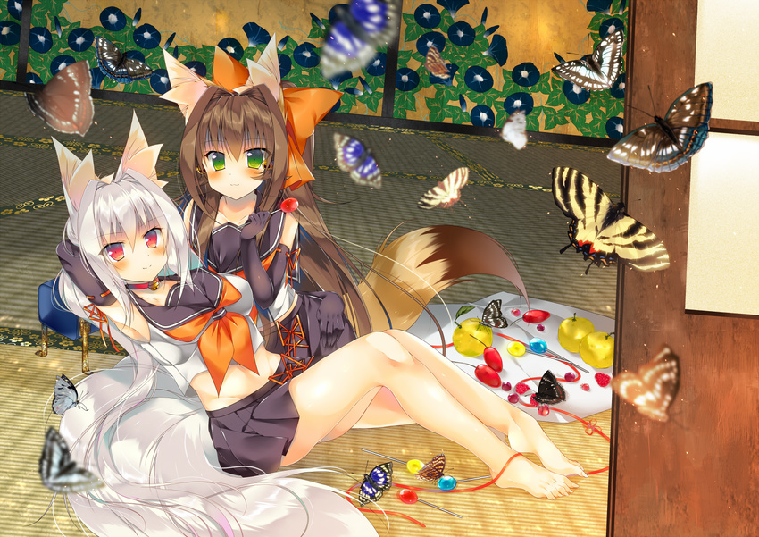 2girls animal_ears barefoot bell bow brown_hair bug butterfly candy choker commentary_request elbow_gloves food fox_ears fox_tail fruit gloves green_eyes hair_between_eyes hairbow lollipop long_hair looking_at_viewer lying monaka_natsume multiple_girls neck_bell original red_eyes school_uniform serafuku sitting smile swallowtail_butterfly tail white_hair