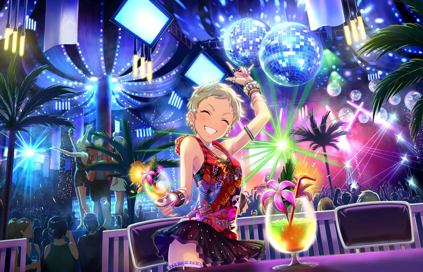 ^_^ artist_request blonde_hair bracelet closed_eyes disco_ball drink ear_piercing earrings female grin idolmaster idolmaster_cinderella_girls idolmaster_cinderella_girls_starlight_stage jewelry official_art piercing pixie_cut rave_party senzaki_ema short_hair skirt smile solo_focus very_short_hair