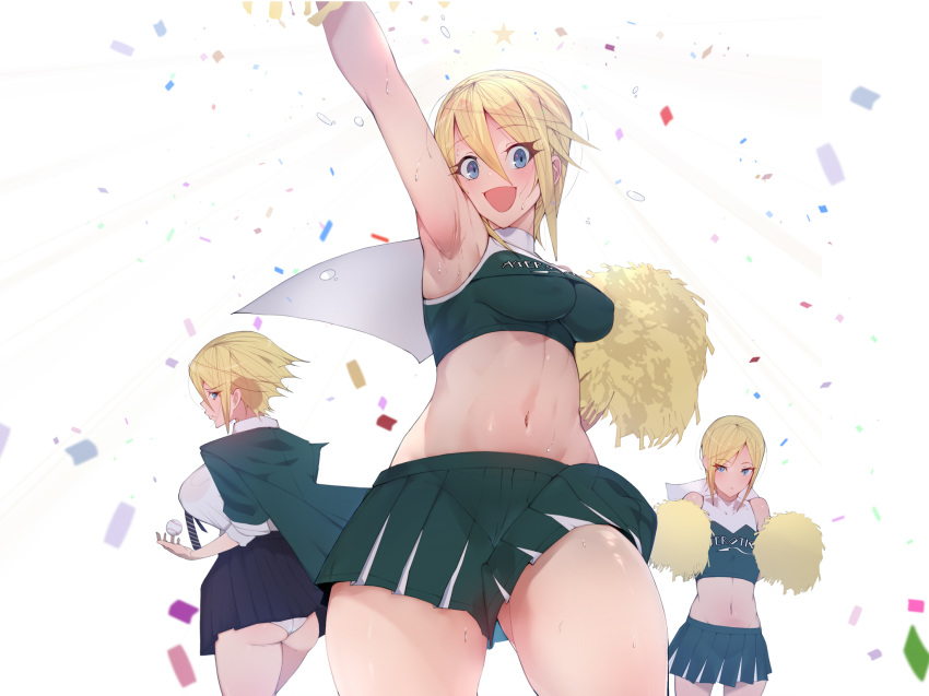 3girls :d agovitch arm_up baseball black_skirt blonde_hair blue_eyes breasts cape capelet cheerleader confetti flat_chest green_cape haiboku_no_megami hair_between_eyes highres large_breasts long_hair medium_breasts multiple_girls navel open_mouth original panties pom_pom_(cheerleading) short_hair simple_background skirt smile standing underwear white_background white_capelet white_panties