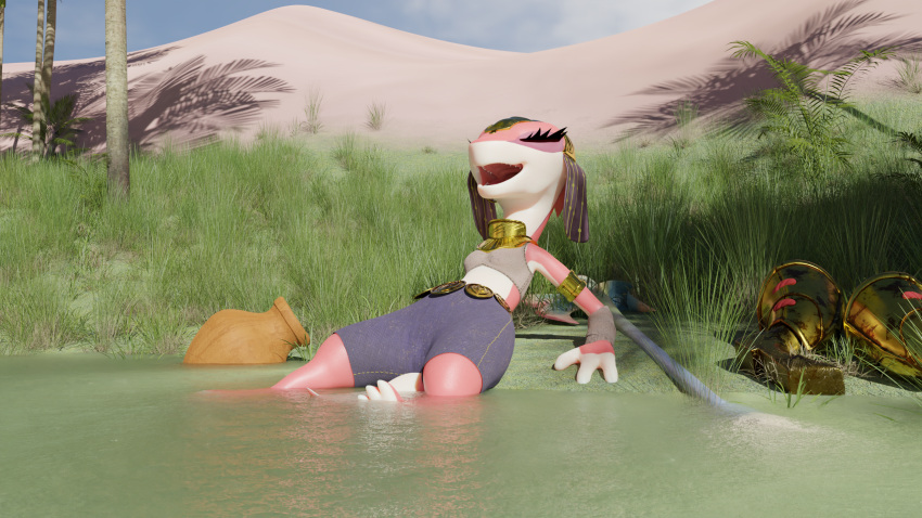 16:9 3d_(artwork) anthro arm_wraps armband armor blender_(artwork) clothed clothing desert digital_media_(artwork) doublestuffed drauk ever_oasis female footbath hi_res legwear midriff miura nintendo oasis pink_body pink_scales red_body red_scales sand scales smile solo water widescreen wraps