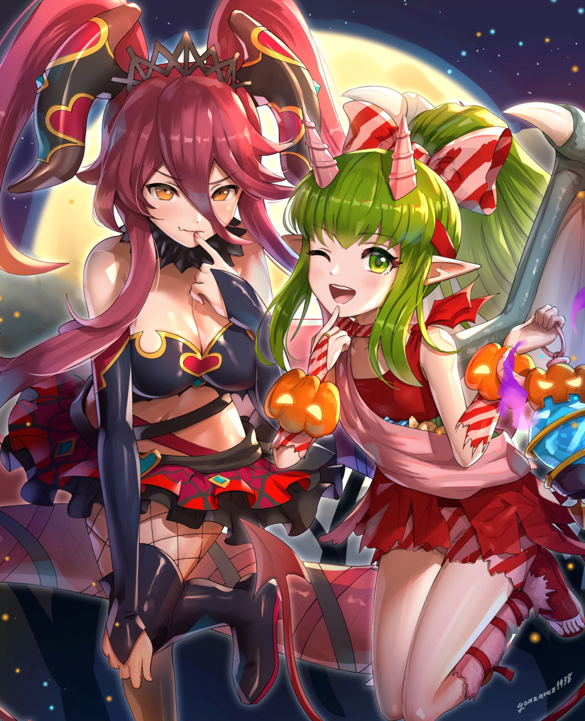 2girls artist_name bare_shoulders bat_(animal) black_choker blush breasts choker circle_skirt cleavage closed_mouth crossover demon_horns dragalia_lost dragon dragon_girl dragon_horns dragon_tail dragon_wings fake_horns fire_emblem fire_emblem:_mystery_of_the_emblem fire_emblem_heroes fur_choker gonzarez green_eyes green_hair halloween halloween_costume heart highres holding horns large_breasts long_hair moon multiple_girls mym_(dragalia_lost) night night_sky oerba_yun_fang official_alternate_costume one_eye_closed orange_eyes pointy_ears ponytail red_hair skin_fang sky smile tail tiara tiki_(fire_emblem) tiki_(young)_(fire_emblem) tiki_(young)_(halloween)_(fire_emblem) twintails wings