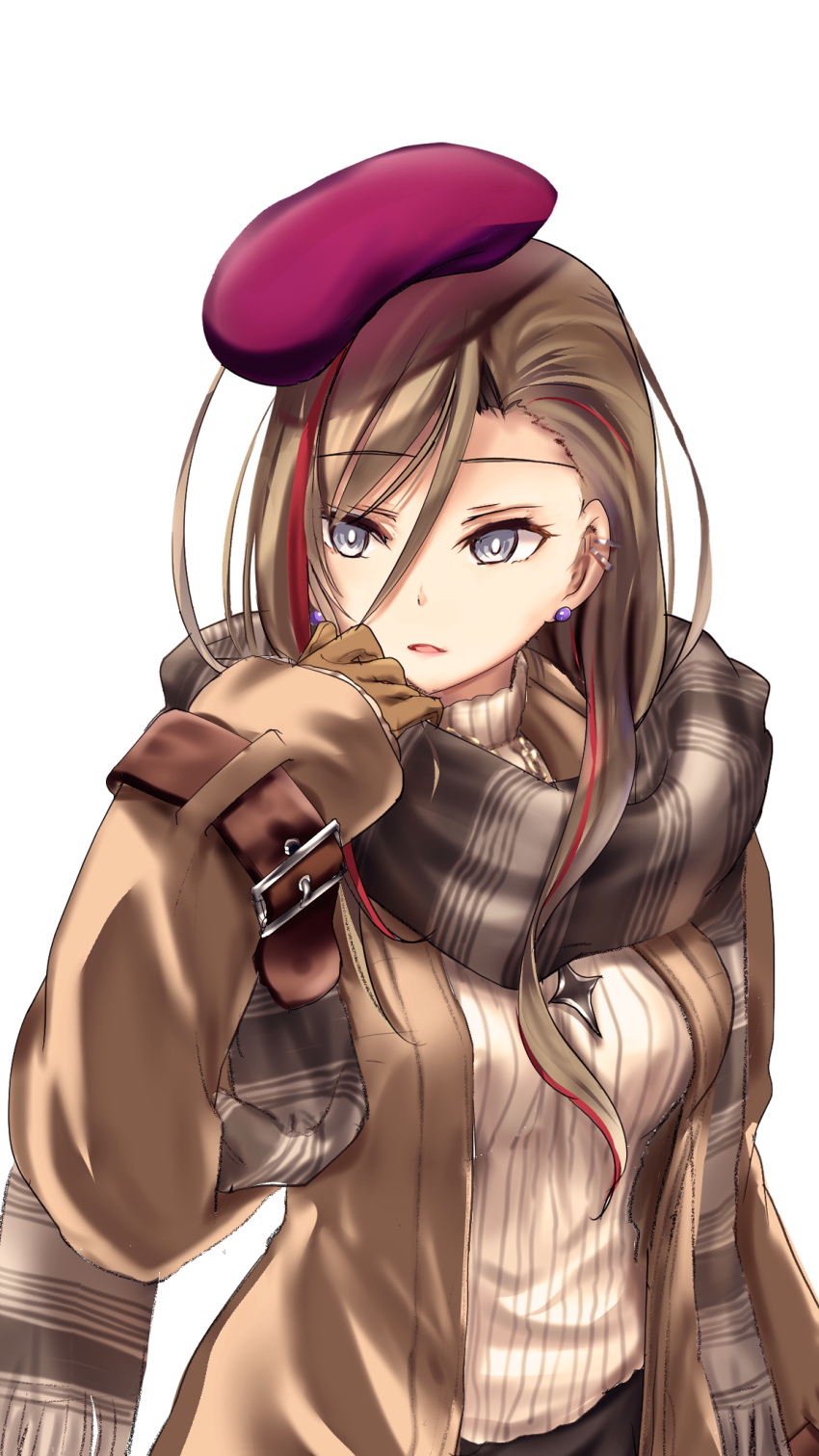 beret breasts brown_coat brown_gloves brown_hair coat commentary_request earrings female fringe_trim gloves grey_eyes hair_between_eyes hand_up hat highres jewelry kimura_shuuichi kurusu_natsume looking_away looking_to_the_side medium_breasts multicolored_hair nijisanji open_clothes open_coat red_hair red_hat ribbed_sweater scarf solo streaked_hair sweater transparent_background turtleneck turtleneck_sweater virtual_youtuber white_sweater