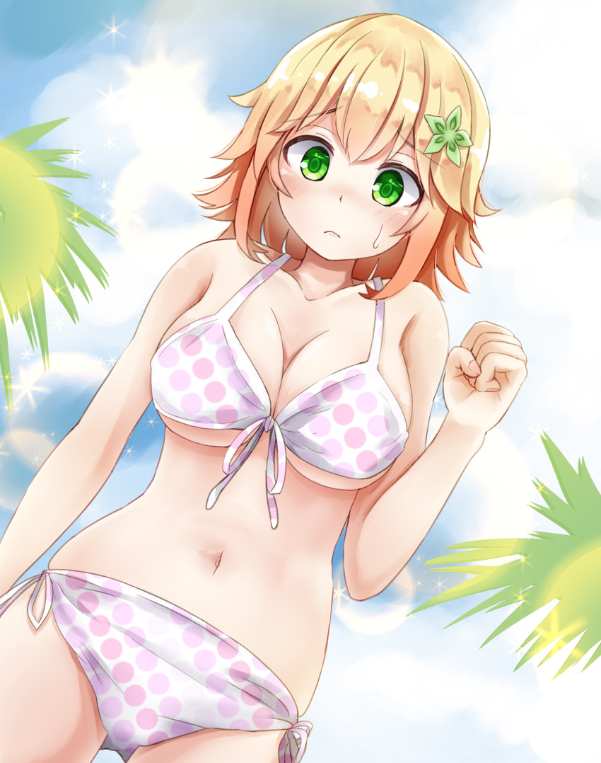 bikini blonde_hair blush breasts cleavage clenched_hand closed_mouth cloud commentary cowboy_shot day dutch_angle female frown gabriel_dropout green_eyes hair_ornament hand_up highres izuminomitsuba large_breasts light_frown looking_at_viewer medium_hair navel outdoors raised_eyebrows shy sky solo sparkle sweatdrop swimsuit tapris_chisaki_sugarbell