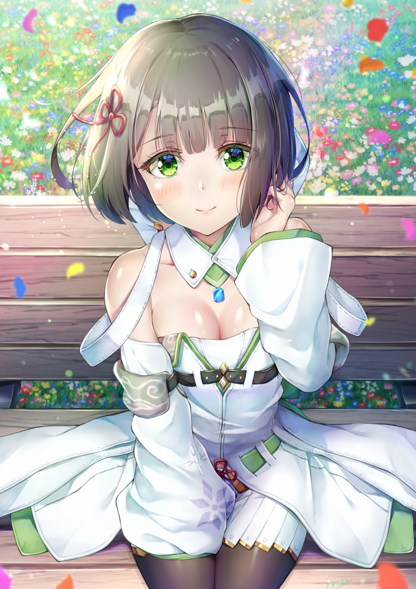 bad_id bad_pixiv_id bare_shoulders bench black_pantyhose blunt_bangs blush bob_cut breasts brown_hair cleavage closed_mouth commentary_request detached_collar detached_sleeves dress falling_petals female flower grass green_eyes hair_ornament hair_ribbon hand_in_own_hair highres long_sleeves looking_at_viewer miyabi_(xenoblade) novady pantyhose park_bench petals ribbon short_hair sitting small_breasts smile solo white_dress xenoblade_chronicles_(series) xenoblade_chronicles_3