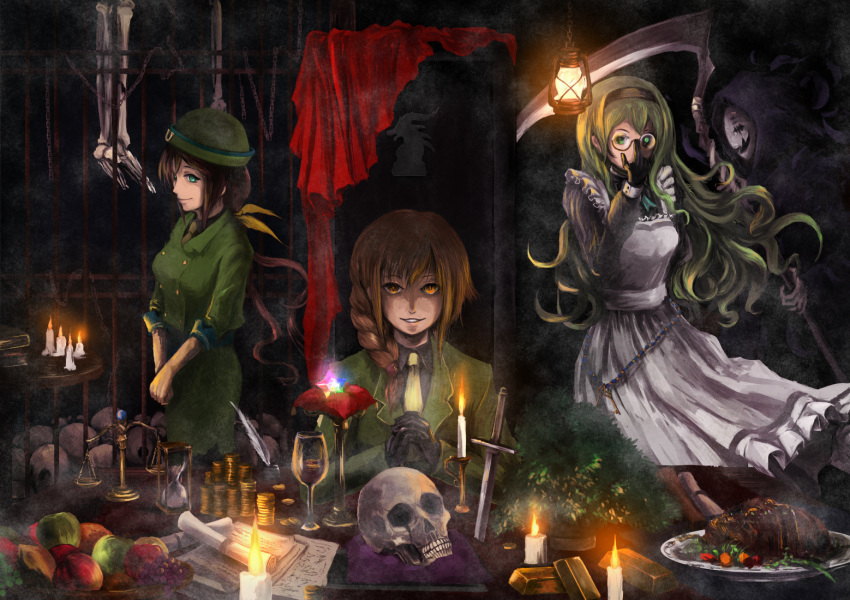 3girls adjusting_eyewear apple apron black_gloves bowler_hat braid brown_hair candle chama_(painter) coin creator_connection cygames food frilled_apron frills fruit glasses gloves glowing glowing_eyes gold_bar gold_coin green_eyes green_hair hair_over_shoulder hairband hat hayakawa_tazuna idolmaster idolmaster_cinderella_girls inkwell karin_(princess_connect!) long_hair long_sleeves looking_at_viewer maid maid_apron multiple_girls necktie orange_eyes own_hands_clasped own_hands_together princess_connect! quill scythe senkawa_chihiro single_braid skeleton split_ponytail trait_connection umamusume very_long_hair wavy_hair white_necktie yellow_necktie