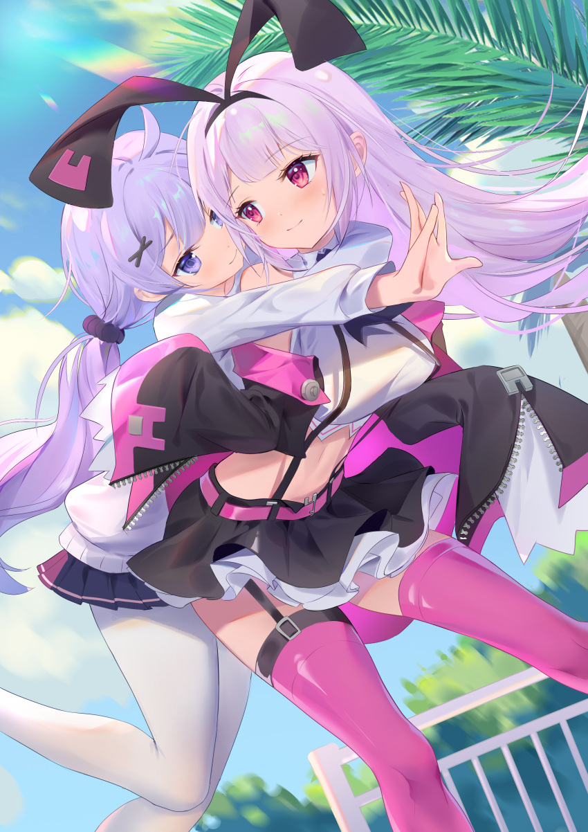 2girls absurdres ahoge azur_lane bare_shoulders belt belt_buckle black_hairband black_scrunchie black_skirt black_sleeves blue_sky blunt_bangs blush breasts buckle cardigan closed_mouth cloud collared_shirt commentary_request cowboy_shot crop_top day hair_between_eyes hair_ornament hair_scrunchie hairband highres hobby_(azur_lane) hug hug_from_behind layered_skirt light_rays long_hair long_sleeves looking_at_another low_twintails md5_mismatch medium_breasts midriff miniskirt multiple_girls navel official_alternate_costume outdoors pantyhose pink_belt pink_thighhighs pleated_skirt purple_eyes purple_hair railing red_eyes school_uniform scrunchie shirt sidelocks skirt sky sleeveless sleeveless_shirt sleeves_past_fingers sleeves_past_wrists smile somna standing standing_on_one_leg sunbeam sunlight suspender_skirt suspenders thighhighs tree twintails unicorn_(azur_lane) unicorn_(long-awaited_date)_(azur_lane) very_long_hair white_cardigan white_pantyhose white_shirt x_hair_ornament zettai_ryouiki