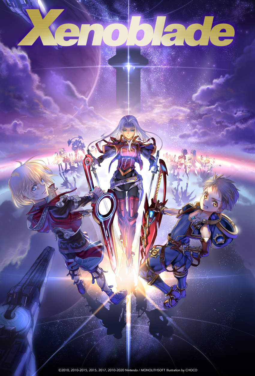 6+boys 6+girls absurdres aegis_sword_(xenoblade) blonde_hair blue_eyes brown_hair choco_(chocolate_shop) dromarch_(xenoblade) dual_wielding elma_(xenoblade_x) fiora_(xenoblade) fisheye full_body highres holding lin_lee_koo logo looking_at_viewer melia_antiqua monado monolith_(object) multiple_boys multiple_girls mythra_(xenoblade) nia_(xenoblade) night night_sky nopon official_art pyra_(xenoblade) rex_(xenoblade) riki_(xenoblade) shulk_(xenoblade) skell_(xenoblade_x) sky space space_station spacecraft star_(sky) starry_sky tatsu_(xenoblade_x) tora_(xenoblade_2) white_hair xenoblade_chronicles_(series) xenoblade_chronicles_1 xenoblade_chronicles_2 xenoblade_chronicles_x yellow_eyes zohar