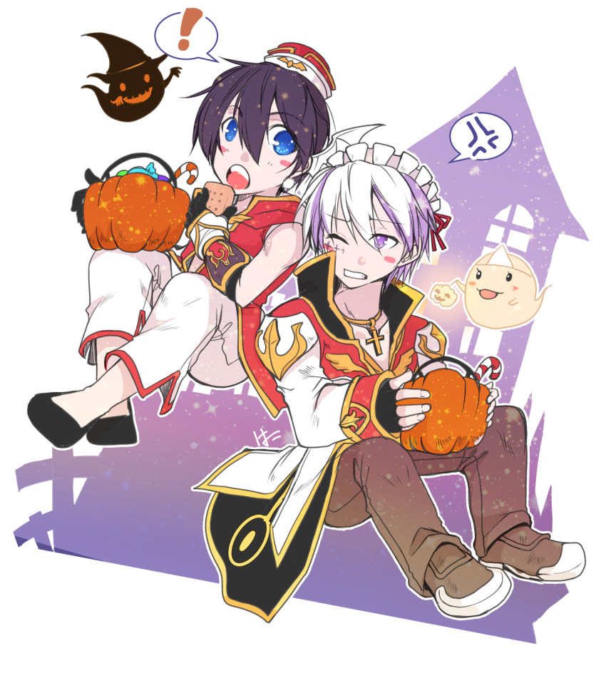 ! 2boys amase_tatsuki anger_vein bangs biretta black_coat black_footwear black_gloves black_hair blue_eyes blush_stickers brown_footwear brown_pants candy candy_cane champion_(ragnarok_online) clenched_teeth coat commentary_request cross cross_necklace eating eyebrows_visible_through_hair flame_print food full_body ghost gloves hair_ribbon halloween high_priest_(ragnarok_online) highres hooded_coat jack-o'-lantern jewelry layered_clothing light_purple_hair long_sleeves looking_at_another lude_(ragnarok_online) maid_headdress multiple_boys necklace one_eye_closed open_clothes open_coat open_mouth pants pumpkin purple_eyes quve_(ragnarok_online) ragnarok_online ragnarok_origin red_coat red_ribbon ribbon shoes short_hair sleeveless_coat spoken_anger_vein spoken_exclamation_mark teeth two-tone_coat two-tone_gloves white_coat white_gloves white_pants wrapped_candy