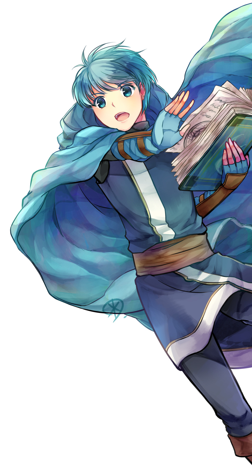 1boy absurdres asbel_(fire_emblem) black_pants blue_cape blue_gloves blue_tunic book brown_sash cape commentary_request feet_out_of_frame fingerless_gloves fire_emblem fire_emblem:_thracia_776 gloves highres holding holding_book male_focus open_mouth pants sash simple_background solo tarayuki tunic white_background