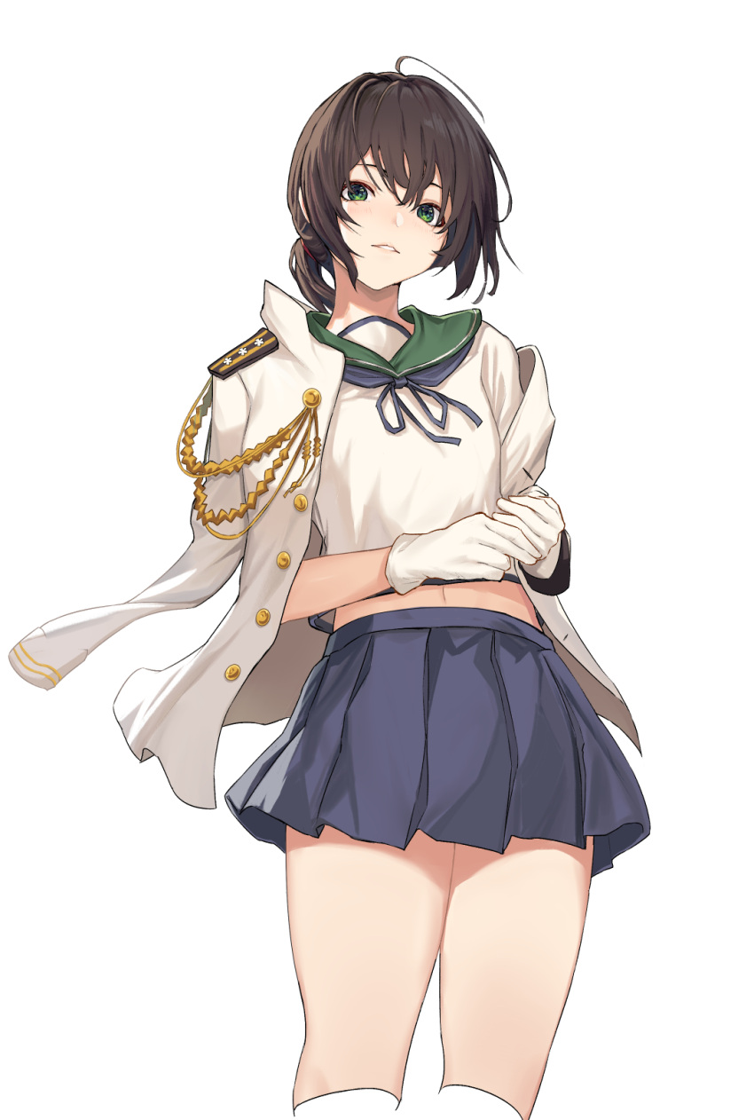 ahoge blue_neckwear blue_skirt brown_hair commentary_request cropped_legs female fubuki_(kancolle) gloves green_eyes green_sailor_collar highres jacket jacket_on_shoulders kantai_collection low_ponytail midriff_peek navel oweee parted_lips ponytail sailor_collar school_uniform serafuku short_sleeves simple_background skirt solo white_background white_gloves white_jacket