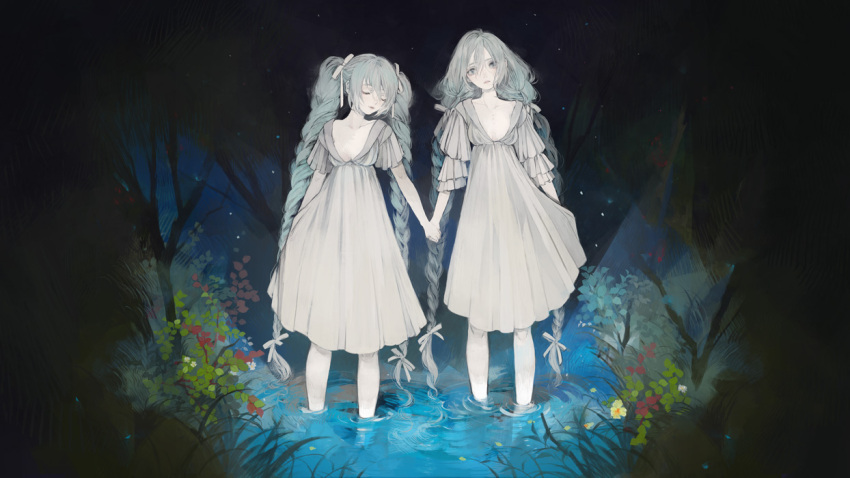 2girls alternate_hairstyle aqua_hair bad_id bad_pixiv_id braid breasts closed_eyes closed_mouth commentary dark dress full_body grey_dress hair_ribbon hatsune_miku holding_hands long_bangs long_hair looking_at_viewer multiple_girls multiple_persona nature nekosuke_(oxo) outdoors pale_skin plant ribbon short_sleeves sleeves_past_elbows small_breasts standing twin_braids very_long_hair vocaloid wading water white_dress white_ribbon