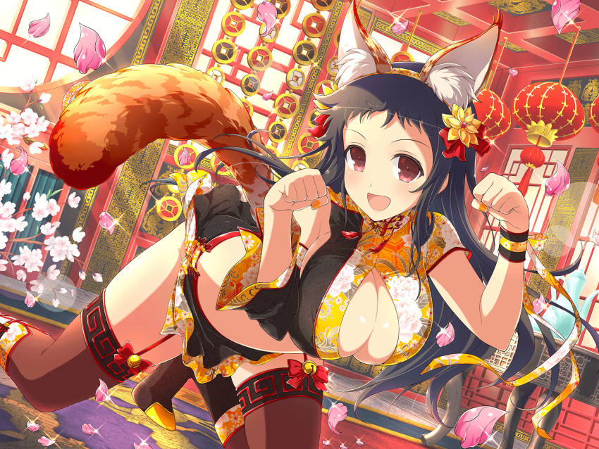 animal_ears architecture ayame_(senran_kagura) black_hair blush breasts cat_ears cat_tail china_dress chinese_clothes cleavage dress east_asian_architecture falling_petals female flower garter_straps hair_ornament hanging_lantern highres lantern large_breasts long_hair looking_at_viewer nail_polish official_alternate_costume official_art open_mouth orange_nails paper_lantern paw_pose petals red_eyes rug senran_kagura senran_kagura_new_link senran_kagura_new_wave smile solo table tail tassel teapot window yaegashi_nan