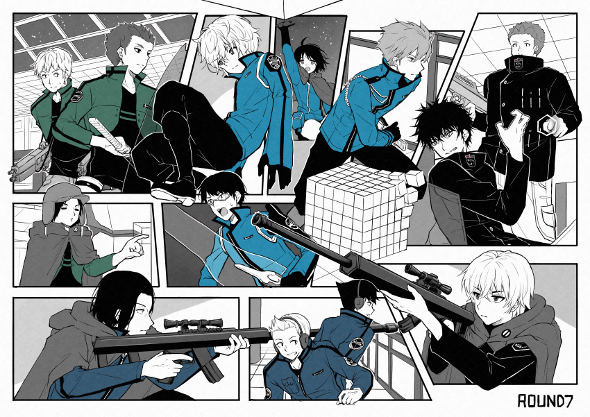 6+boys :d =_= absurdres aiguillette aiming amatori_chika arm_up azuma_haruaki azuma_squad's_uniform betsuyaku_taichi black_footwear black_gloves black_hair black_jacket black_pants black_shirt blue_jacket bob_cut boots cape ceiling clenched_teeth cowlick cropped_jacket cube ema_yuzuru emblem english_text female fighting_stance floating floating_hair glasses gloves green_jacket grin gun hat headphones highres holding holding_gun holding_sword holding_weapon hood hood_down hooded_cape hyuse jacket kageura_masato kageura_squad's_uniform kitazoe_hiro knee_boots koarai_noboru kuga_yuuma kuro_n314 kuruma_squad's_uniform kuruma_tatsuya looking_afar looking_at_another looking_at_viewer looking_away looking_up mikumo_squad's_uniform multiple_boys murakami_kou okudera_tsuneyuki open_mouth outside_border outstretched_arm outstretched_arms pants pants_tucked_in partially_colored pointing popped_collar puckered_lips railing ready_to_draw rifle rindou_takumi running shield shirt short_hair sideways_glance smile sniper_rifle spiked_hair spoilers squatting star_(sky) sweat sword teeth tile_floor tiles transparent_weapon turtleneck uniform weapon white_pants world_trigger