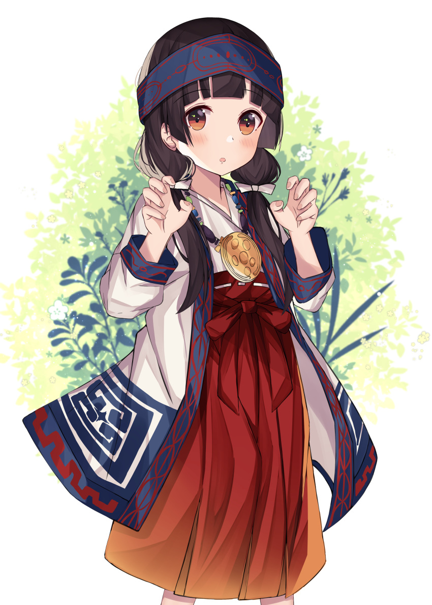 :o absurdres ainu_clothes amayadori_machi black_hair blush bow brown_eyes commentary female hairbow hakama hakama_skirt hands_up highres japanese_clothes kimono kumamiko long_hair long_sleeves low_twintails medallion miko norazura open_clothes parted_lips red_hakama skirt solo standing twintails white_background white_bow white_kimono