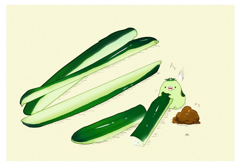 ^^^ artist_name beige_background border chai_(drawingchisanne) commentary_request cucumber food highres holding holding_food kappa looking_at_viewer original simple_background sitting