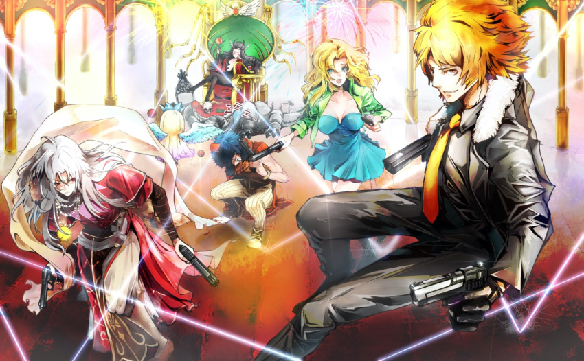 4boys blonde_hair blue_eyes breasts closed_mouth dress dual_wielding emilia_(saga_frontier) erinoshin female fuse_(saga_frontier) gloves gun handgun holding long_hair lute_(saga_frontier) monster multiple_boys necktie open_mouth rouge_(saga_frontier) saga saga_frontier sleeping throne weapon zzz