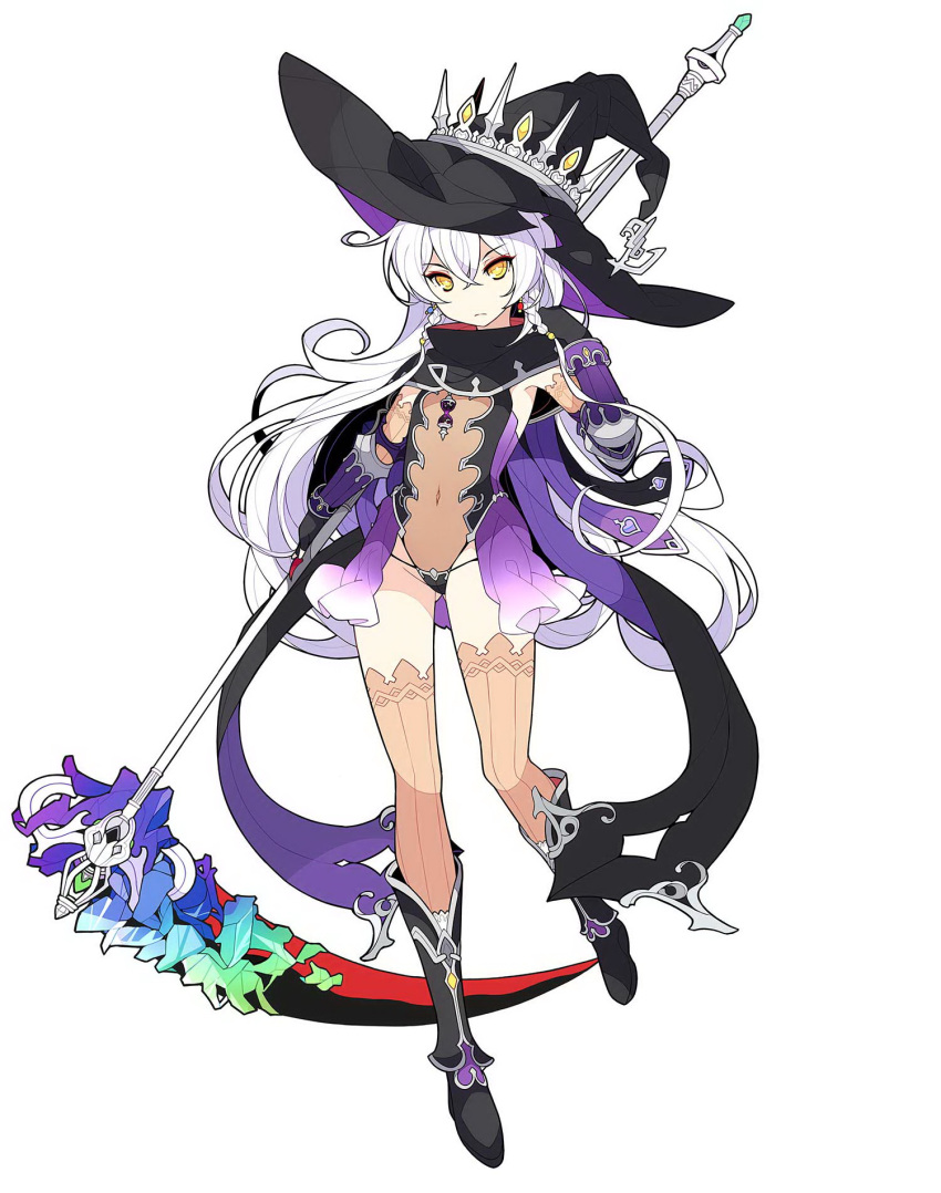 boots elbow_gloves expressionless female fingerless_gloves flat_chest full_body gloves groin hat headwear_through_crown high_heel_boots high_heels highres hilda_(stella_glow) holding holding_scythe ideolo knee_boots leotard long_hair looking_at_viewer official_art scythe see-through see-through_leotard solo stella_glow thighhighs very_long_hair white_hair witch witch_hat yellow_eyes