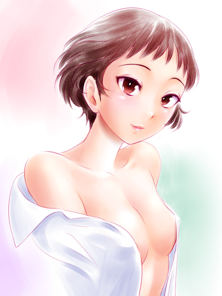 akimotsu_(akim_x) bare_shoulders breasts brown_eyes brown_hair collarbone commentary_request female highres iguchi_akari multicolored_background off_shoulder open_clothes open_shirt pink_lips shirt short_hair small_breasts smile solo upper_body watashi_ga_motenai_no_wa_dou_kangaetemo_omaera_ga_warui! white_shirt