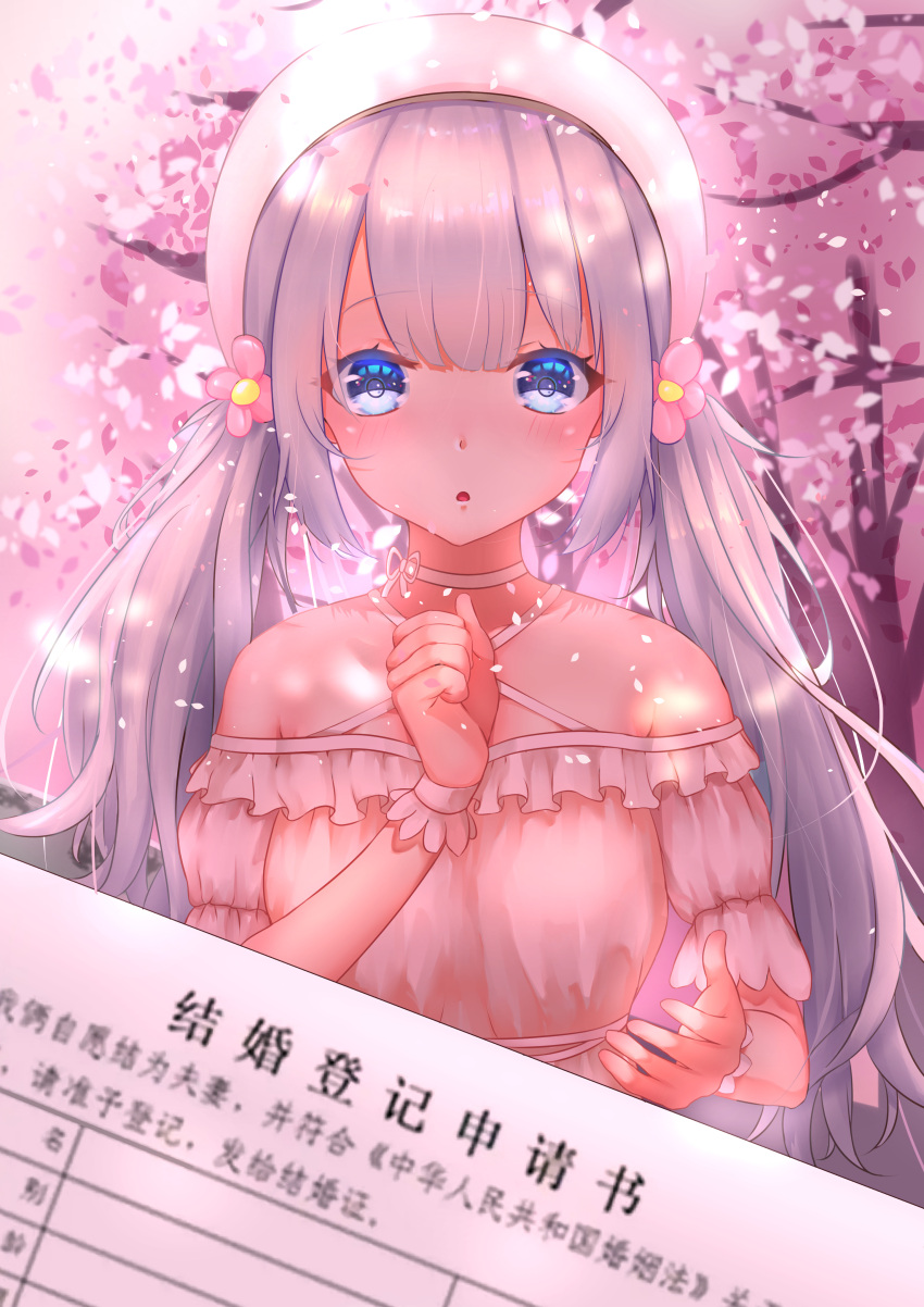 absurdres bad_id bad_pixiv_id blouse blue_eyes blush chinese_commentary choker eri0ne$ female flower hair_flower hair_ornament hat highres indie_virtual_youtuber long_hair looking_at_viewer pink_background pink_theme ribbon_choker shirt shizuku_lulu solo twintails upper_body virtual_youtuber white_hair white_hat