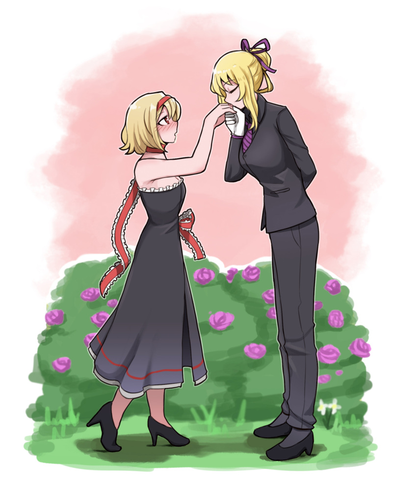 2girls alice_margatroid arm_behind_back bare_shoulders black_dress blonde_hair blush closed_eyes commission dress english_commentary formal frilled_ribbon frills gloves hairband height_difference high_heels highres kissing kissing_hand mata_(matasoup) multiple_girls necktie pant_suit pants purple_ribbon red_eyes red_ribbon ribbon rose_bush short_hair sidelocks strapless strapless_dress suit touhou white_gloves yakumo_yukari yuri