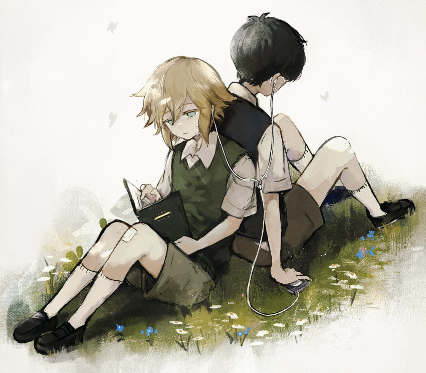 2boys back-to-back bad_id bad_twitter_id bandaid basil_(faraway)_(omori) basil_(omori) black_footwear blonde_hair book bug butterfly commentary crying earphones empty_eyes green_shorts green_sweater_vest highres male_focus miyashita_miro multiple_boys omori on_grass shared_earphones shirt short_sleeves shorts sitting socks sunny_(omori) sweater_vest tears white_legwear white_shirt