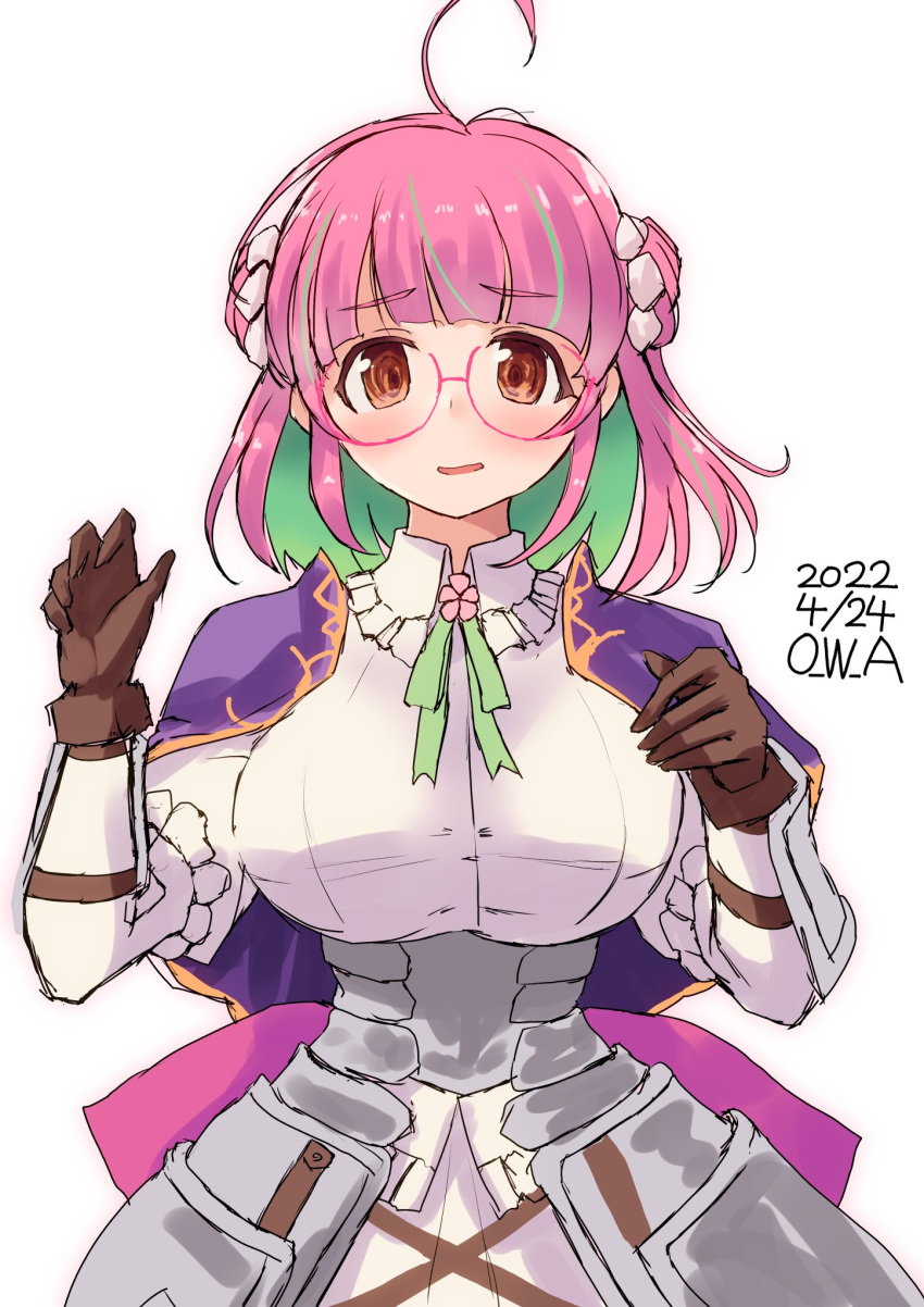 ahoge alternate_hairstyle armor armored_dress artist_name breasts brown_gloves commentary_request cosplay dated double_bun dress female flower_knight_girl gloves green_hair hair_bun highres kantai_collection large_breasts looking_at_viewer multicolored_hair name_connection one-hour_drawing_challenge owa_(ishtail) pink-framed_eyewear pink_hair red_eyes short_hair simple_background solo streaked_hair ume_(flower_knight_girl) ume_(flower_knight_girl)_(cosplay) ume_(kancolle) upper_body white_background white_dress