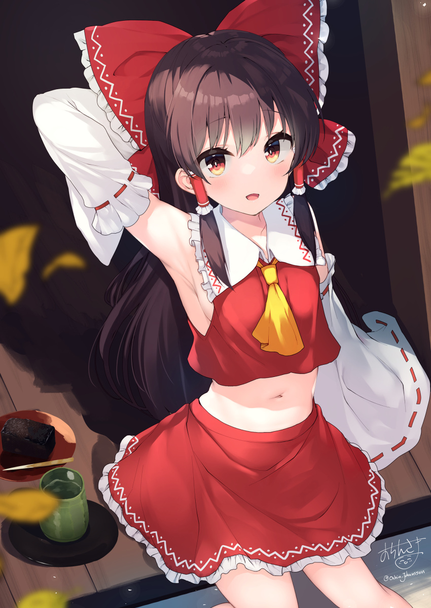 absurdres arm_up armpits ascot blush bow brown_eyes brown_hair collared_shirt crop_top detached_sleeves dress female frilled_bow frilled_hair_tubes frills gohei hair_tubes hairbow hakurei_reimu highres japanese_clothes long_hair looking_at_viewer midriff miko navel ochinsama red_bow red_dress red_eyes red_shirt red_skirt red_vest ribbon-trimmed_sleeves ribbon_trim shirt sitting skirt sleeveless sleeveless_shirt solo stomach touhou very_long_hair vest yellow_ascot