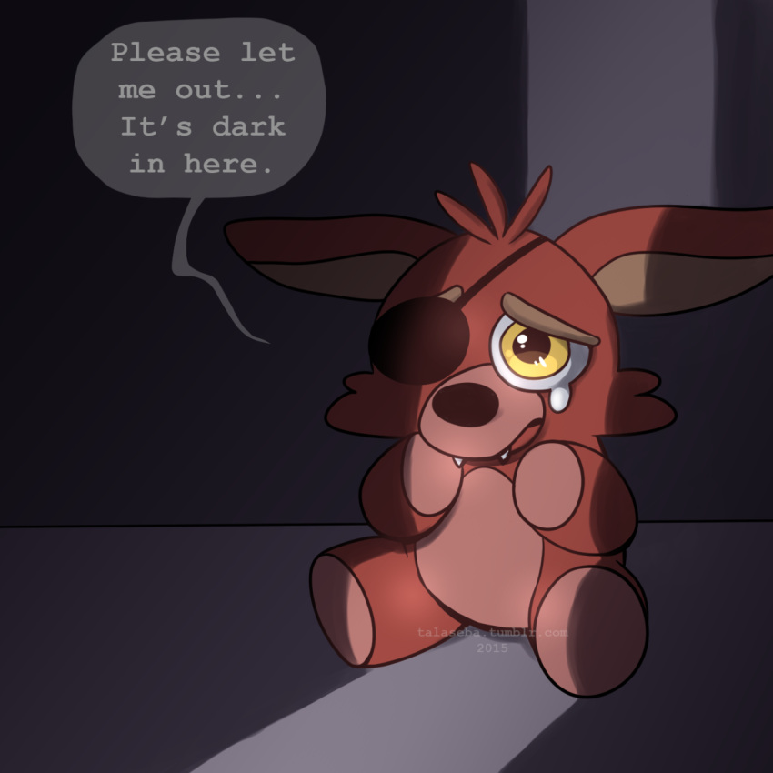 1:1 2015 animate_inanimate anthro big_ears big_eyes black_nose bodily_fluids canid canine closet crying cute_fangs daww dialogue ellipsis english_text eye_patch eyewear fangs five_nights_at_freddy's five_nights_at_freddy's_4 fox foxy_(fnaf) frown fur grey_background hair hi_res inside living_plushie male mammal multicolored_body multicolored_fur on_ground pirate plush_foxy_(fnaf) plushie red_body red_fur red_hair sad scared scottgames sharp_teeth short_hair simple_background sitting solo speech_bubble talaseba tears teeth text toony toy two_tone_body two_tone_fur yellow_eyes