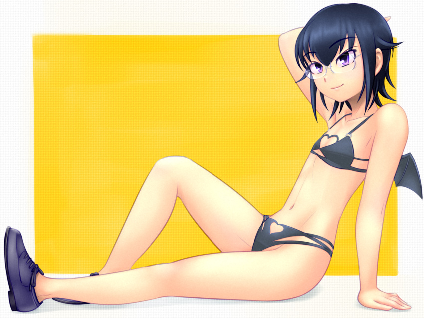 akimotsu_(akim_x) arm_behind_head bat_wings bikini black_bikini black_hair clothing_cutout commentary_request fake_wings female flat_chest from_side full_body glasses heart_cutout highres komiyama_kotomi navel purple_eyes sitting skinny solo swimsuit watashi_ga_motenai_no_wa_dou_kangaetemo_omaera_ga_warui! wings