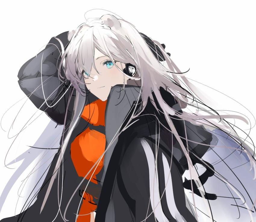 animal_ears arknights arms_up aurora_(arknights) aurora_(polar_catcher)_(arknights) bad_id bad_twitter_id bear_ears black_coat blue_eyes bodysuit closed_mouth coat earpiece extra_ears female grey_hair hair_over_one_eye highres joshua_(shisanli934) long_hair long_sleeves looking_at_viewer official_alternate_costume open_clothes open_coat orange_bodysuit smile solo upper_body very_long_hair white_background