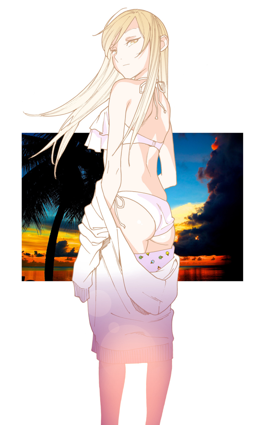 ass back bikini blonde_hair bloom commentary_request feet_out_of_frame female frilled_bikini frilled_bikini_top frills highres hood hoodie ice_cream_print kishi_torajirou lens_flare long_hair looking_at_viewer otome_no_teikoku otosawa_yuu outdoors outside_border profile side-tie_bikini_bottom solo sunset swept_bangs swimsuit tsurime white_bikini white_hoodie wrinkled_fabric yellow_eyes