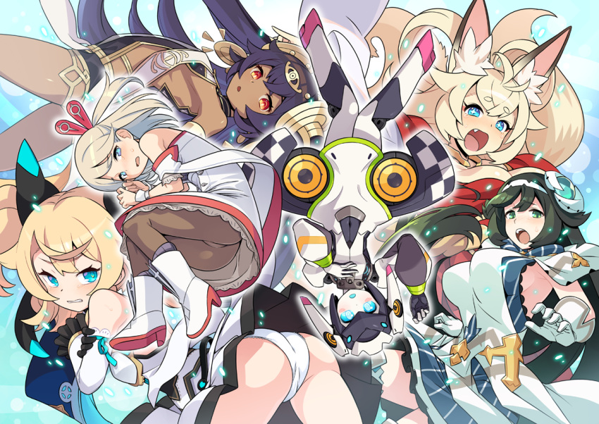 6+girls android animal_ears bare_shoulders black_hair blonde_hair blue_eyes boots breasts celtie_(world_flipper) dark-skinned_female dark_skin detached_sleeves dia_(world_flipper) dress green_eyes green_hair inaho_(world_flipper) large_breasts long_hair minami_juujisei multiple_girls nephtim_(world_flipper) open_mouth phiria_(world_flipper) red_eyes robot stella_(world_flipper) symbol-shaped_pupils tail thighhighs twintails world_flipper