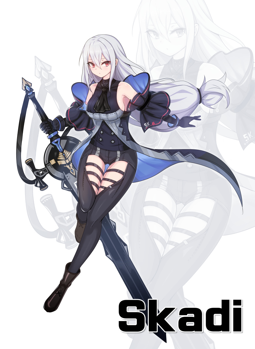 absurdres arknights ascot bare_shoulders black_gloves black_pants black_shirt boots breasts character_name clothing_cutout coat detached_sleeves female full_body gloves grey_hair hair_between_eyes highres holding holding_sword holding_weapon huge_weapon korean_commentary kumarang large_breasts long_hair looking_at_viewer low-tied_long_hair pants red_eyes reverse_grip shirt sidelocks skadi_(arknights) skadi_(elite_ii)_(arknights) solo sword thigh_cutout thigh_gap very_long_hair weapon zoom_layer