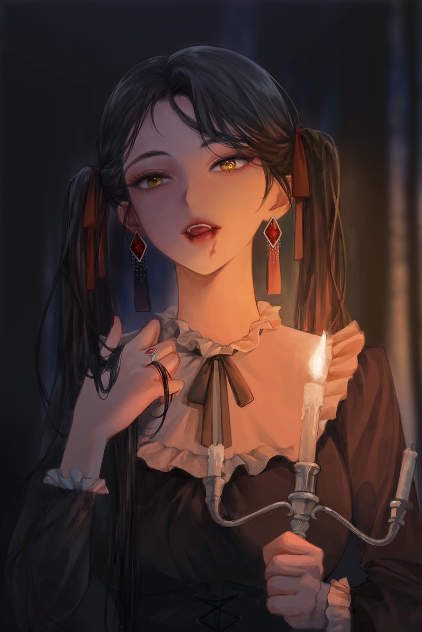 black_hair blood blood_on_face candelabra candle candlestand collar earrings fangs female fire frilled_collar frilled_sleeves frills hand_in_own_hair highres jewelry licking_lips looking_at_viewer original ring smile solo tanna tongue tongue_out twintails upper_body vampire yellow_eyes