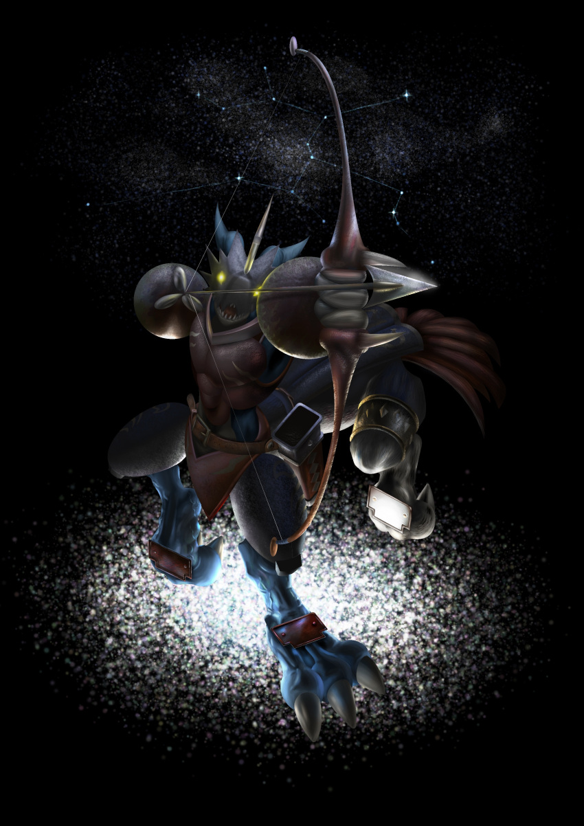 2012 3_claws absurd_res ambiguous_gender armor bandai_namco big_claws big_feet blue_body blue_scales breastplate claws clothing colored constellation detailed digimon feet galaxy gauntlets gloves glowing glowing_eyes handwear hi_res huge_feet looking_at_viewer mearns open_mouth quiver_(object) sagittarimon scales scalie shaded sharp_teeth solo space star taur teeth yellow_eyes