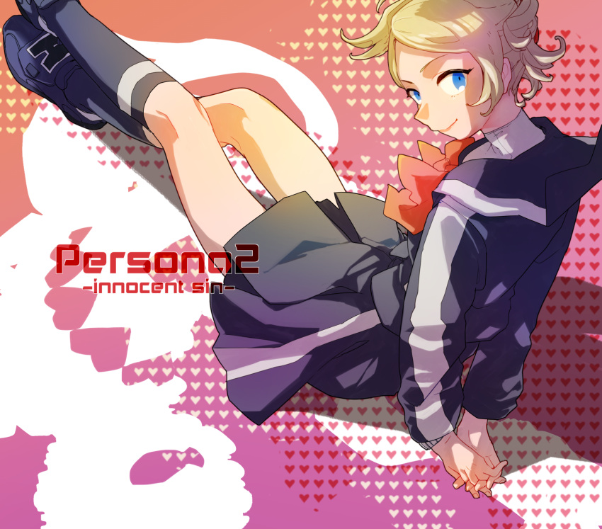 arms_behind_back black_footwear black_skirt black_socks blonde_hair blue_eyes bow closed_mouth crossed_legs eros_(persona_2) female heart highres interlocked_fingers kneehighs lisa_silverman long_sleeves nichi_(hibi_suimin) orange_bow own_hands_together persona persona_2 persona_2_tsumi pleated_skirt school_uniform seven_sisters_high_school_uniform shadow shoes short_hair single_horizontal_stripe single_vertical_stripe sitting skirt smile socks solo turtleneck