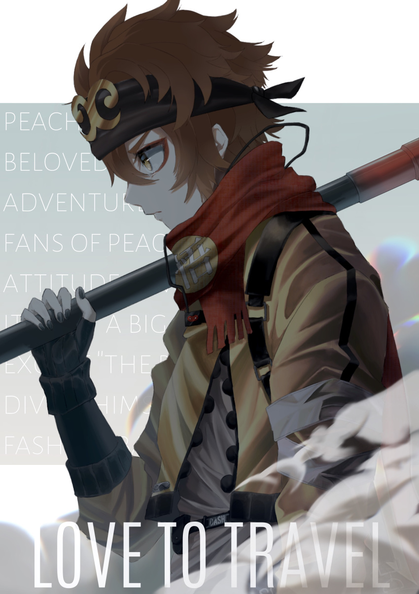 1boy absurdres black_headband black_nails brown_eyes brown_hair english_text eyeliner hair_between_eyes headband highres hijinrui_gakuen holding holding_staff jacket kuromame_grimm makeup male_focus over_shoulder profile red_scarf scarf solo staff wukong_(extraordinary_ones)