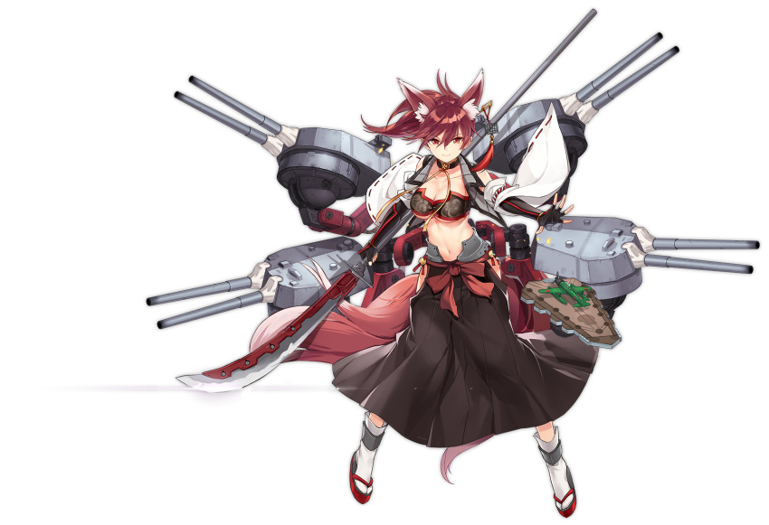 animal_ears azur_lane black_skirt blush breasts cleavage closed_mouth collarbone female fox_ears full_body highres holding holding_weapon ise_(azur_lane) ise_(retrofit)_(azur_lane) kisetsu large_breasts looking_at_viewer navel official_art ponytail red_eyes red_hair sandals short_hair short_ponytail skirt smile socks solo transparent_background weapon white_socks