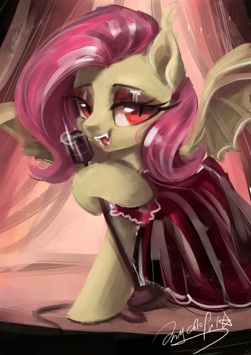 2018 absurd_res alternate_species ball_gown bat_pony bat_wings clothed clothing curtains dress electronics equid eyebrows eyelashes eyeshadow fangs female feral flutterbat_(mlp) fluttershy_(mlp) friendship_is_magic fully_clothed hair half-closed_eyes hasbro hi_res hooves inside looking_at_viewer makeup mammal mascara membrane_(anatomy) membranous_wings microphone my_little_pony narrowed_eyes oofycolorful open_mouth open_smile pink_hair portrait pupils red_eyes signature singing slit_pupils smile solo stage standing teeth tongue wings