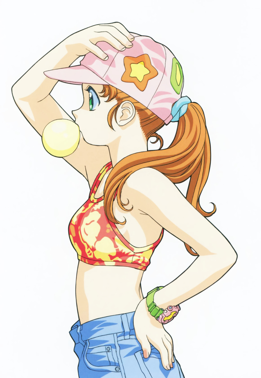 1990s_(style) baseball_cap blowing_bubbles chewing_gum denim female green_eyes hand_on_headwear hand_on_own_head hand_on_own_hip hat highres idol_janshi_suchie-pai jeans misaki_kyouko_(suchie-pai) non-web_source official_art orange_hair pants ponytail profile retro_artstyle simple_background solo sonoda_ken'ichi sports_bra watch white_background wristwatch