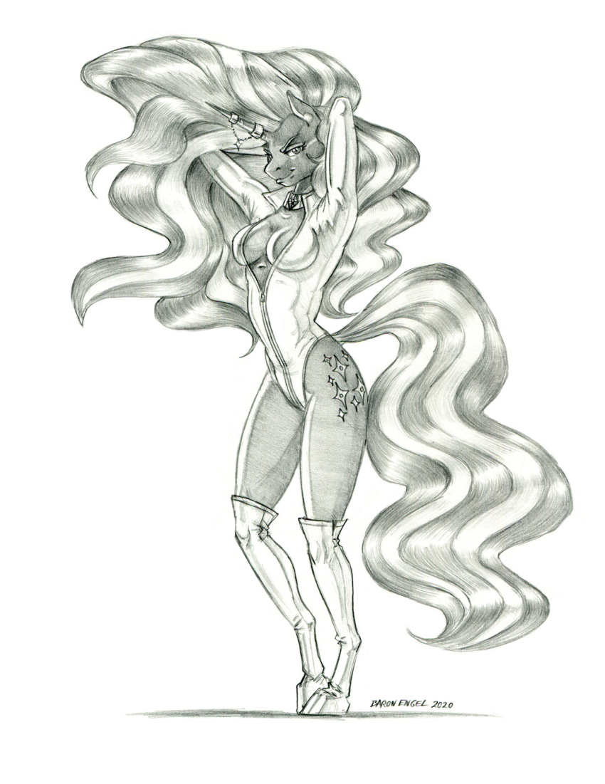 2022 anthro baron_engel boots breasts cleavage clothed clothing cutie_mark equid equine female footwear graphite_(artwork) hair hands_behind_head hasbro hi_res horn horn_jewelry horn_ring idw_publishing jewelry long_hair looking_at_viewer mammal monochrome my_little_pony my_little_pony_(idw) mythological_creature mythological_equine mythology nightmare_rarity_(idw) pencil_(artwork) ring_(jewelry) smile solo traditional_media_(artwork) unguligrade_anthro unicorn