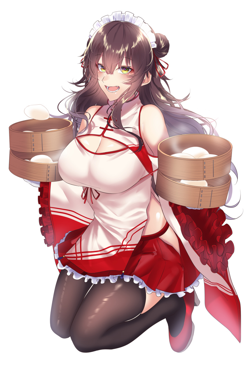 absurdres baozi black_thighhighs breasts brown_hair china_dress chinese_clothes cleavage cleavage_cutout clothing_cutout double_bun dress dumpling female food hair_bun highres holding large_breasts long_hair maid_headdress onineko-chan open_mouth original red_footwear simple_background solo thighhighs white_background yellow_eyes