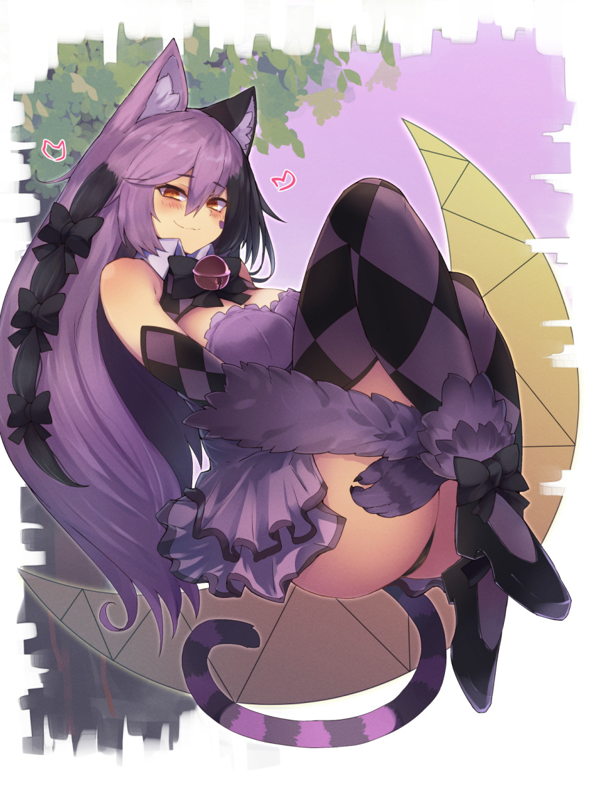 animal_ear_fluff animal_ears animal_hands argyle_clothes argyle_legwear bare_shoulders bell black_bow black_hair blush bow breasts brown_eyes cat_ears cat_girl cat_tail cheshire_cat_(monster_girl_encyclopedia) claws commentary female full_body hair_between_eyes hairbow heart highres hugging_own_legs jingle_bell large_breasts long_hair looking_at_viewer monster_girl monster_girl_encyclopedia multicolored_hair purple_fur purple_hair smile solo striped_tail symbol-only_commentary tail thighhighs two-tone_hair very_long_hair yonaga_san