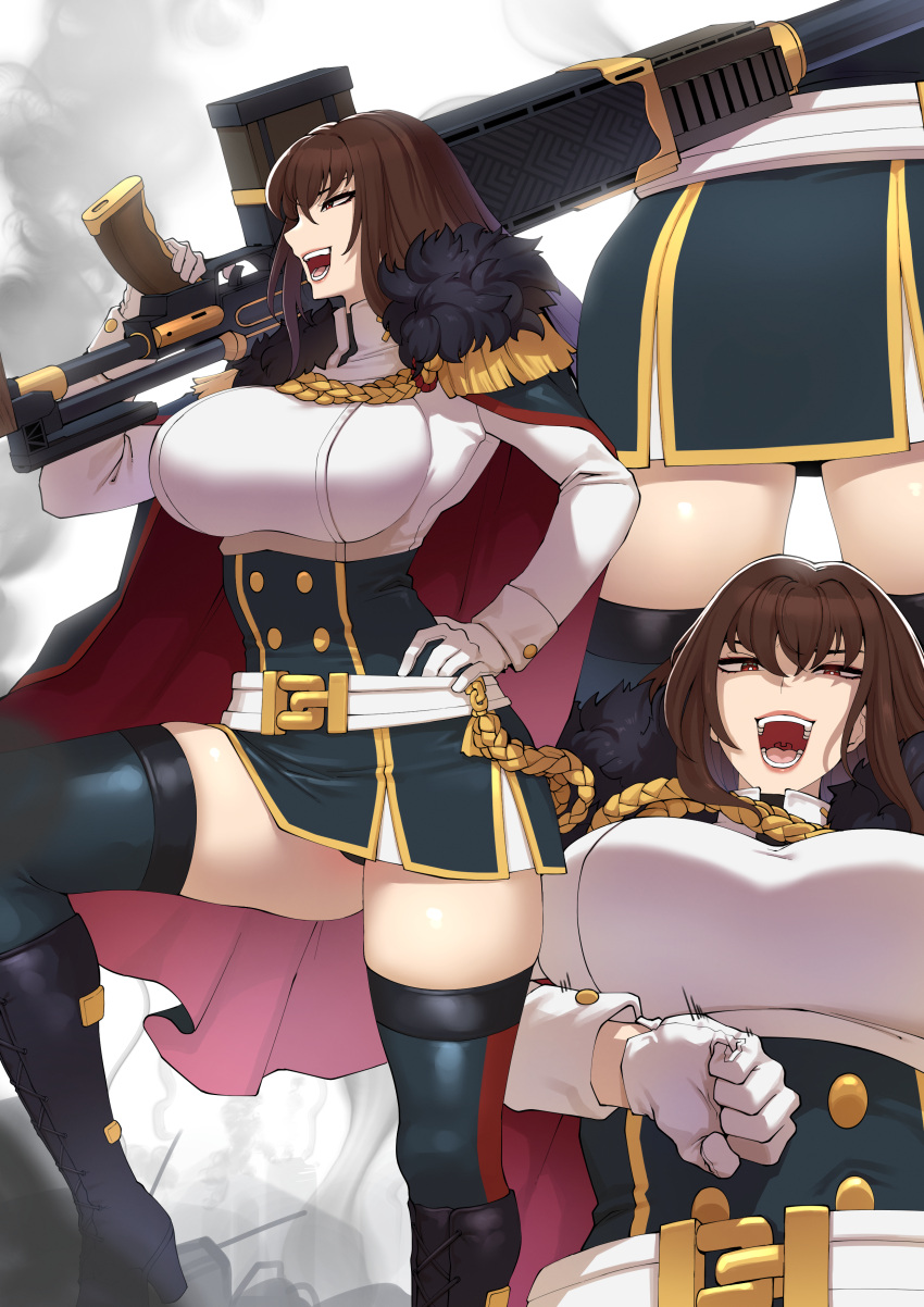 absurdres ah-lyong_lee boots breasts brown_hair cape female fur_trim gun highres holding holding_gun holding_weapon huge_weapon large_breasts last_origin long_hair looking_at_viewer multiple_views open_mouth over_shoulder red_eyes royal_arsenal skirt speed_lines thighhighs weapon weapon_over_shoulder