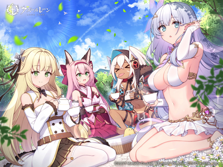 >_< 4girls albion_(azur_lane) animal_ear_fluff animal_ears aurora_(azur_lane) azur_lane black_skirt blonde_hair blue_eyes blue_hair blue_sky bodypaint breast_curtain breasts bridal_gauntlets brown_gloves brown_hood cape cleavage_cutout clothing_cutout commentary_request copyright_name cup dark-skinned_female dark_skin day elbow_gloves elf flower fox_ears fox_girl fur-trimmed_cape fur_trim garter_straps gloves gold_trim green_eyes hair_between_eyes hair_flower hair_ornament hair_ribbon hairband hanazuki_(azur_lane) high_ponytail hip_vent holding holding_cup holding_teapot japanese_clothes kimono large_breasts leather_belt loincloth long_hair looking_at_viewer medium_breasts miniskirt minneapolis_(azur_lane) multiple_girls native_american official_art open_mouth outdoors picnic picnic_basket pink_hair pink_hairband pink_tail pleated_skirt pointy_ears revealing_clothes ribbon second-party_source skirt sky sleeveless sleeveless_kimono small_breasts t@ke-g teapot thighhighs underboob very_long_hair white_bridal_gauntlets white_garter_straps white_hair white_kimono white_skirt white_thighhighs zettai_ryouiki