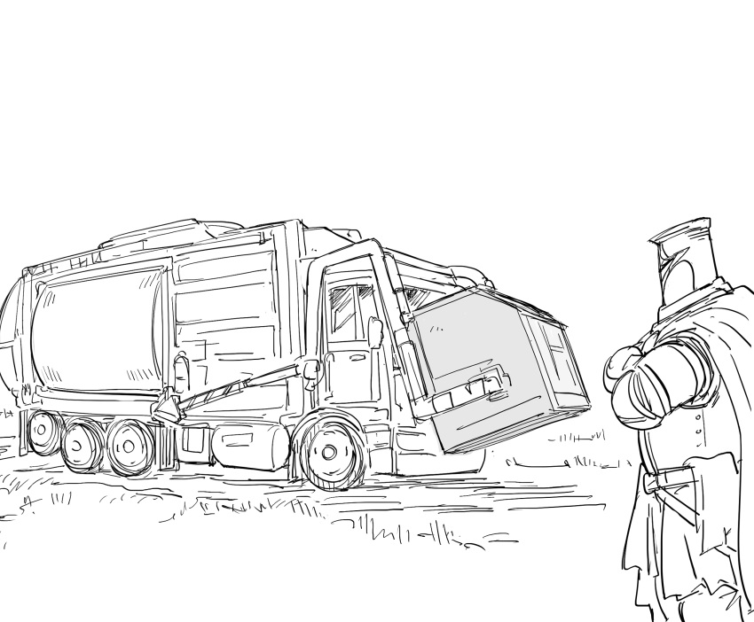 1boy armor bad_id bb_(baalbuddy) breastplate cape commentary crossed_arms dumpster english_commentary garbage_truck greyscale helmet highres inactive_account monochrome motor_vehicle original paladin_(baalbuddy) simple_background truck white_background