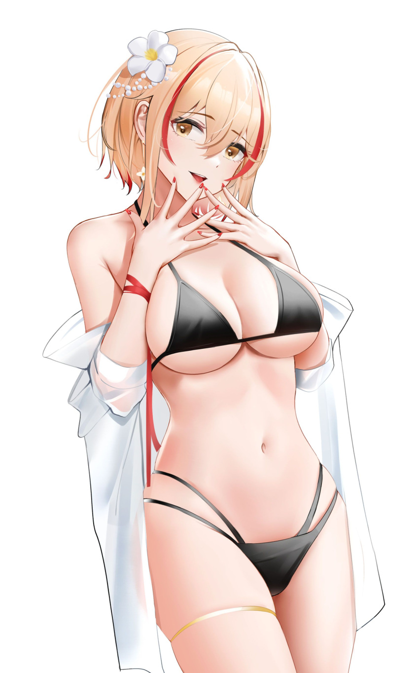 :d absurdres alternate_costume azur_lane bare_shoulders bikini black_bikini blonde_hair blurry breasts brown_eyes chinese_commentary cleavage commentary_request cowboy_shot day depth_of_field female flower hair_flower hair_ornament hands_on_own_chest hands_up head_tilt highres large_breasts long_sleeves looking_at_viewer multi-strapped_bikini multicolored_hair navel open_clothes open_mouth open_shirt outdoors palm_tree partial_commentary qing_wu red_hair red_nails red_ribbon ribbon roon_(azur_lane) roon_(muse)_(azur_lane) shirt short_hair skindentation smile solo stomach streaked_hair sunlight swimsuit thigh_strap tree two-tone_hair underboob white_background white_flower white_shirt wrist_ribbon